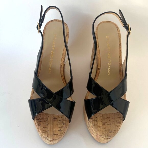 Stuart Weitzman Dayna Wedge Sandals Black Patent Leather Size 37 US6.5B - Picture 9 of 13